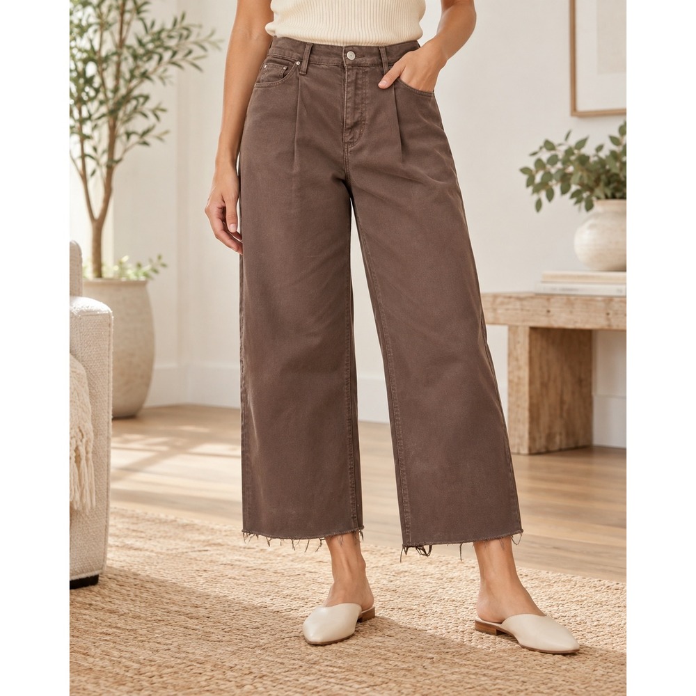 Banana Republic Wide Leg Crop Pants 29/8 Chocolate Brown High Rise Raw Hem